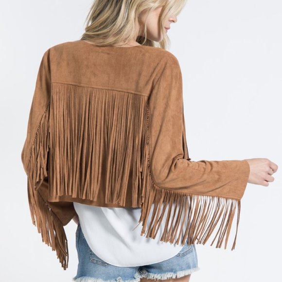 new VOCAL TASSELS FAUX SUEDE FRINGE JACKET boho western camel S-XL cropped rodeo - Picture 6 of 8